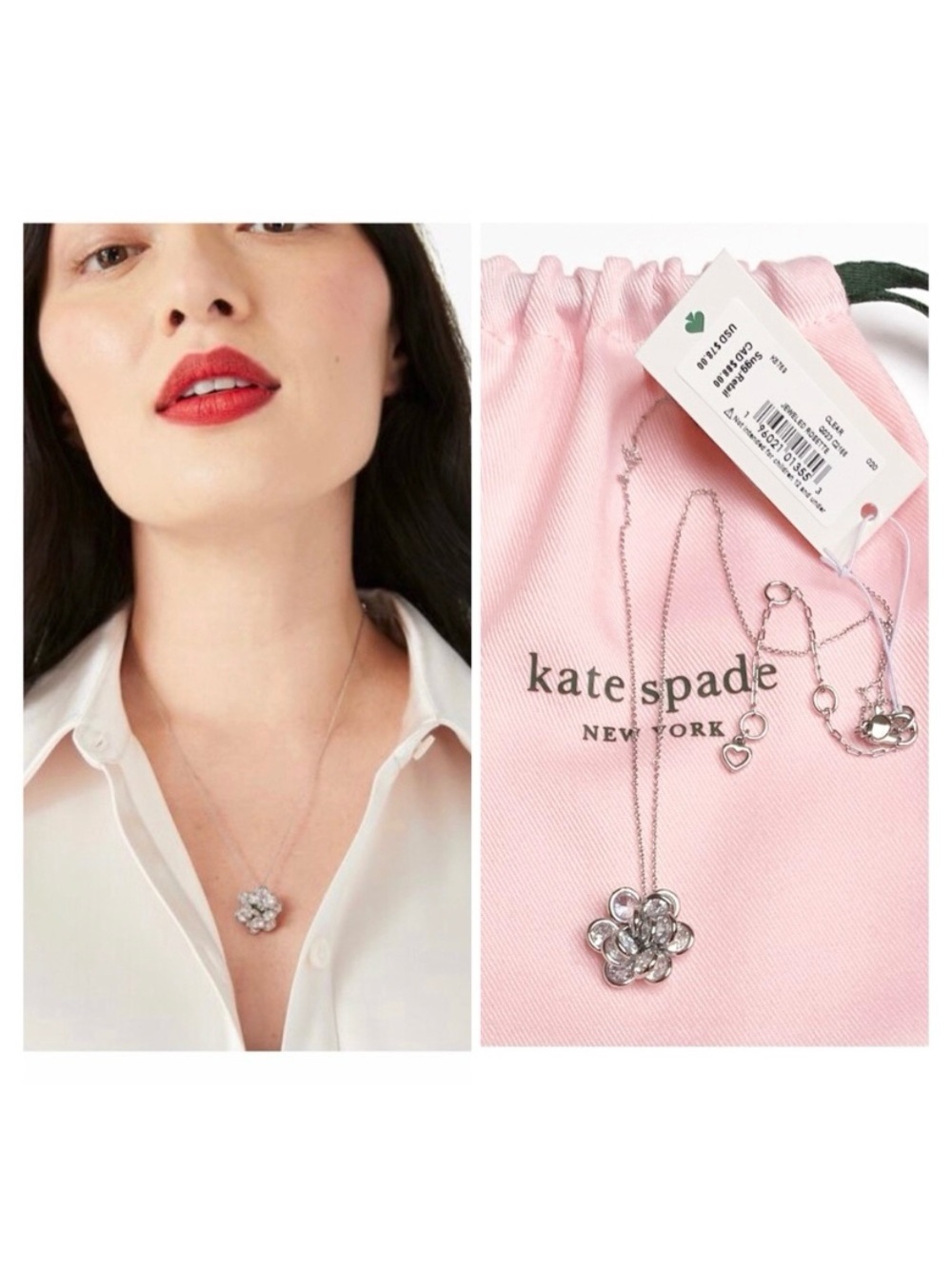 NWT Kate Spade♠️JEWELED ROSETTE Silver Plated Brass CZ Crystals Pendant Necklace